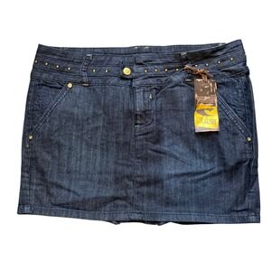 Clash Dark Blue Denim Gold Studded Mini Skirt, XL